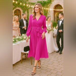 Fuchsia Pleated Belted Midi Dress | Elegant Long Sleeve Wrap Style